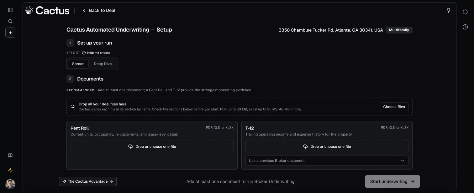 The actual Cactus document setup: choose Screen or Deep Dive and drop your deal documents into the upload area.